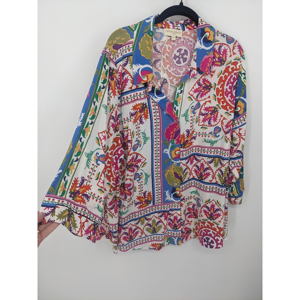 Cynthia Rowley Colorful Top Womens 2X Multicolor Patchwork Paisley Button Up - Picture 2 of 10